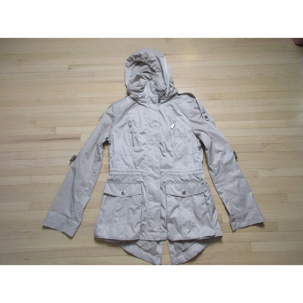BCBG Generation Womens Raincoat Small Gray Hooded Packable